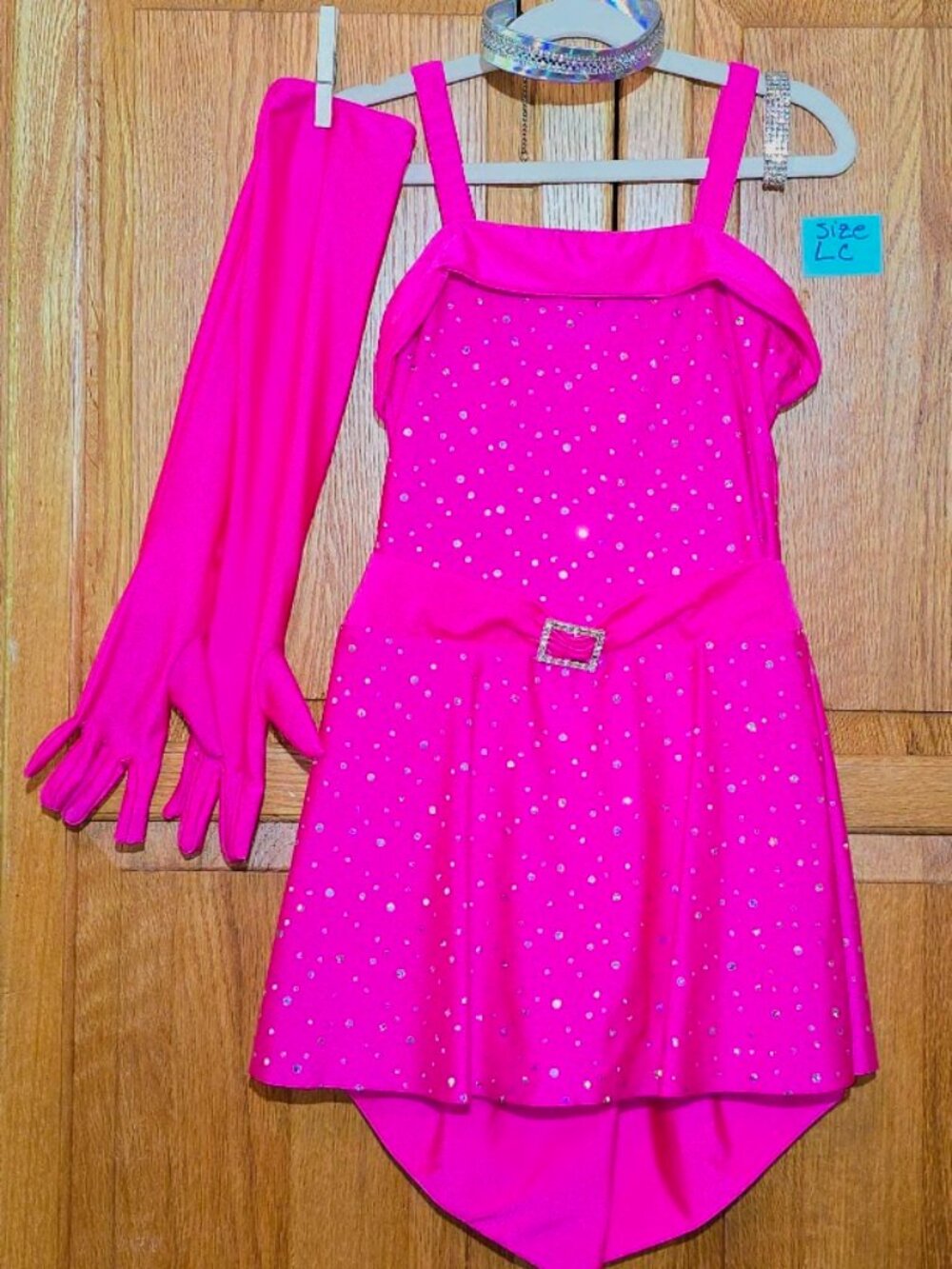 Revolution Dancewear Hot Pink Rhinestone Dance Costume Child LG + Gloves Choker